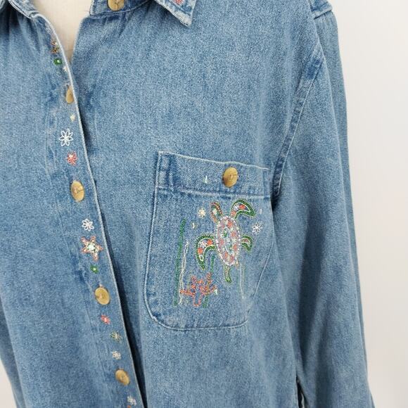 Christopher & Banks Denim Shirt Jacket Size Large Embroidered Long Sleeve Casual - Picture 1 of 13